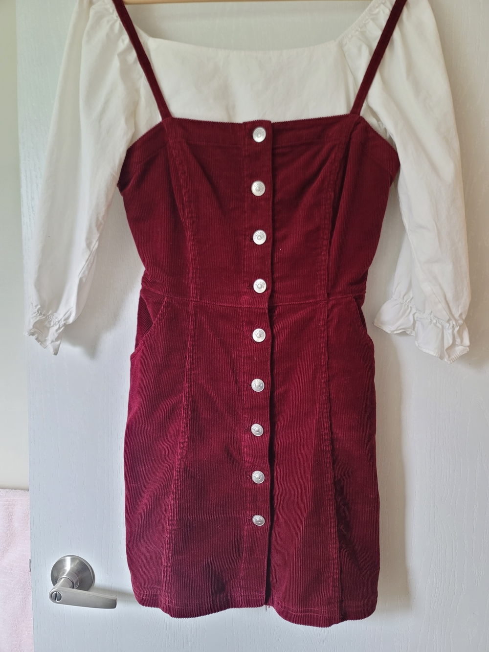 Burgundy Corduroy Button-Front Pinafore Dress